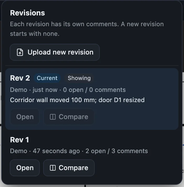The Revisions menu listing Rev 2 as current and Rev 1, each with Open and Compare