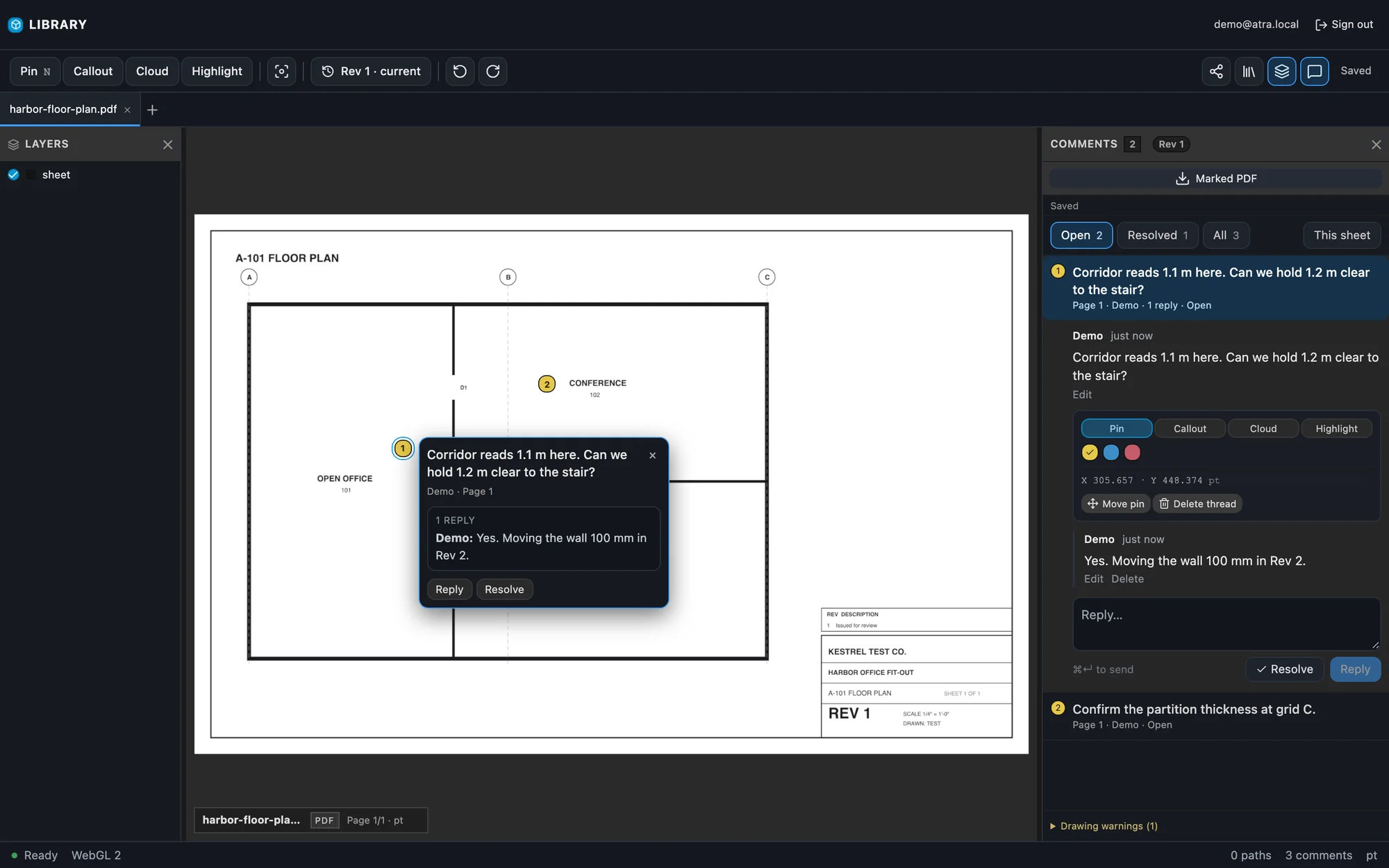The Kestrel workspace: a floor plan with numbered comment pins, a comment thread open on the sheet, and the comments panel on the right